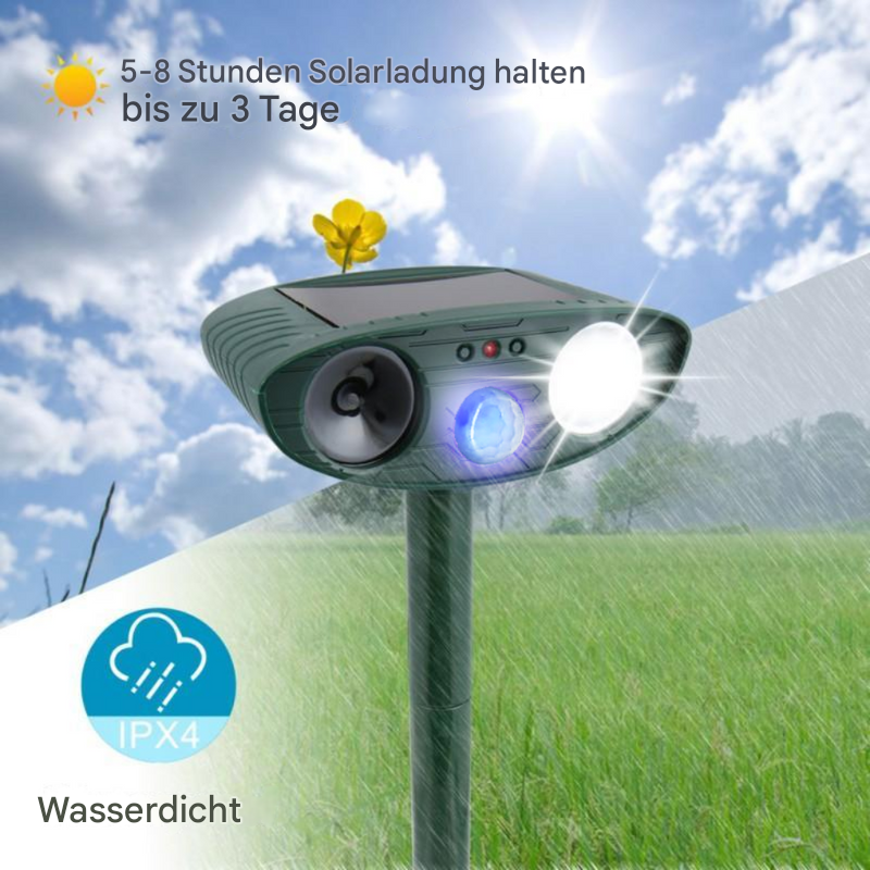 Bewegungsaktivierter solarbetriebener Ultraschall-Tierabwehr