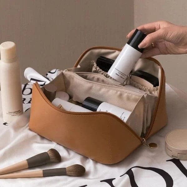Lederne Make-up-Tasche mit doppeltem Fach und wasserabweisender Oberfläche