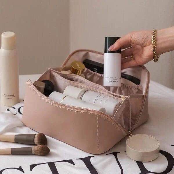 Lederne Make-up-Tasche mit doppeltem Fach und wasserabweisender Oberfläche